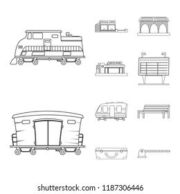 Vector design of train and station sign. Set of train and ticket vector icon for stock.