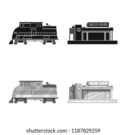 Vector design of train and station sign. Set of train and ticket vector icon for stock.