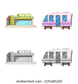 Vector design of train and station sign. Set of train and ticket vector icon for stock.