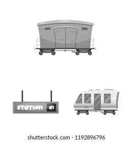 Vector design of train and station sign. Set of train and ticket vector icon for stock.
