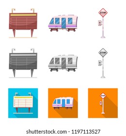 Vector design of train and station sign. Set of train and ticket vector icon for stock.