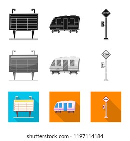 Vector design of train and station sign. Set of train and ticket vector icon for stock.