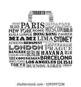 Vector design of a travel bag shape composed of famous city names from all over the world