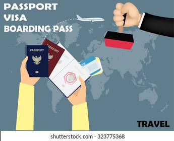 vector design of travel,visa stamping on passport with boarding pass on world map background.