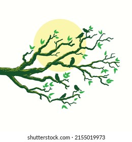 A vector design of a tree branch  with birds and a yellow moon in the background