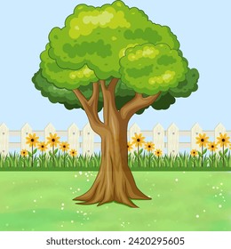 Vector design of a tree in a green meadow 