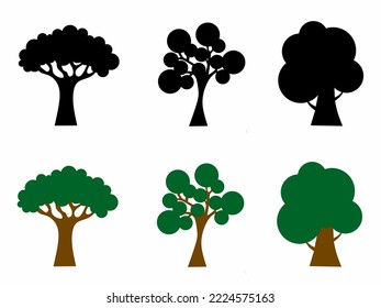 Vector design of tree icon set in black, green and brown colors