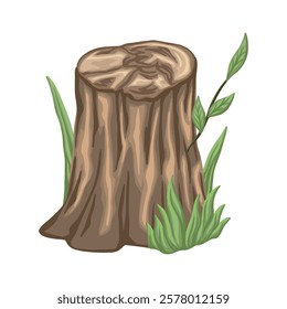 Vector design of tree trunk with grass and leaves