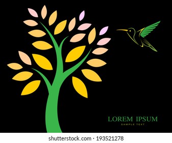 Vector design of trees and hummingbird on black background