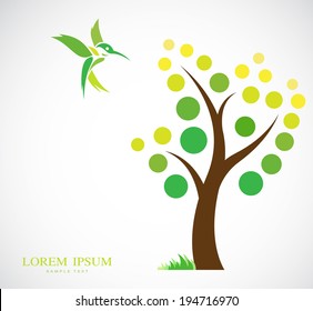 Vector design of trees and hummingbird on white background