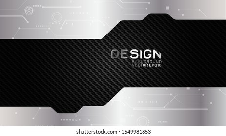 Vector Design Trendy And Technology Background Concept. Metal Frame Border Dimension By Carbon Fiber Texture And Copy Space On Dark Background, Abstract Futuristic Technology Template.