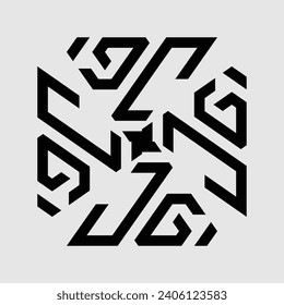 VECTOR DESIGN OF A TRIANGLE MONOGRAM FORMING THE LETTERS "G" AND "J" ROTATED. GRAY BACKGROUND