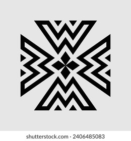 VECTOR DESIGN OF A TRIANGLE MONOGRAM FORMING A ROTATED LETTER "M". GRAY BACKGROUND