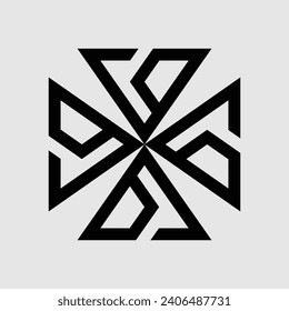 VECTOR DESIGN OF A TRIANGLE MONOGRAM FORMING THE LETTERS "B" AND "L" WHICH ARE ROTATED. GRAY BACKGROUND