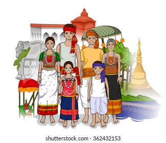 Vector design of Tripuri family showing culture of Tripura, India