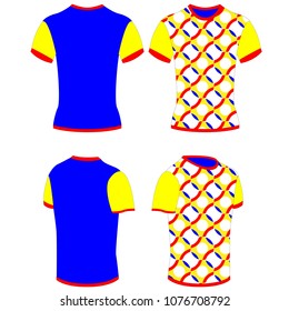 Vector design of T-Shirt with blue color back and yellow design front with red stripes