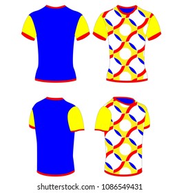 Vector design of T-Shirt with dark blue color back and blue-red stripes design on yellow front	