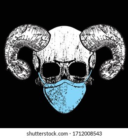 Vector design for t-shirt of a diabolic skull with horns and mask on black background