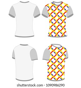 Vector design of T-Shirt with light grey color back and front with dark yellow red stripes design 