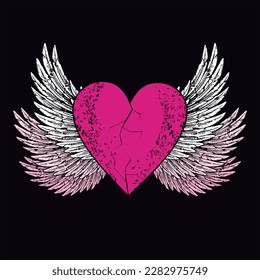 Diseño vectorial para camiseta de corazón rosado con alas aisladas en negro. Ilustración de un corazón roto volando.
