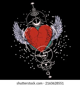 Diseño vectorial para camiseta de corazón rojo con alas blancas aisladas en negro. Ilustración de un corazón volando.	