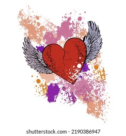 Diseño vectorial para camisetas de corazón rojo con alas blancas aisladas en blanco. Ilustración de un corazón roto volando.