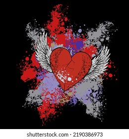 Diseño vectorial para camiseta de corazón rojo con alas blancas aisladas en negro. Ilustración de un corazón roto volando.