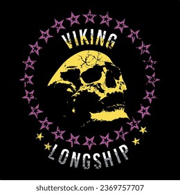 Vector design for t-shirt of a skull with a circle of stars on a black background.