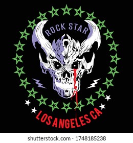 Vector design for t-shirt of a skull with horns, with a circle of stars and letters on black background