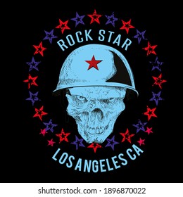 Vector design for t-shirt of a skull with war helmet, with a circle of stars and letters on a black background.