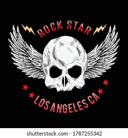 Vector design for t-shirt of a skull with white wings and red letters on a black background.