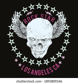 Vector design for t-shirt of a skull with white wings, with a circle of stars and letters on a black background.