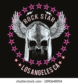 Vector design for t-shirt of a skull with winged helmet, with a circle of red stars and pink letters on a black background.