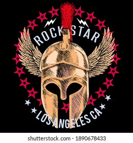 Vector design for t-shirt of a skull with winged helmet, with a circle of red stars and letters on a black background. 