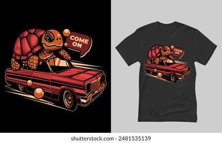 vector design, turtle riding classic retro car at full speed, design for t-shirt