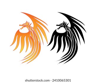 vector design of two abstract symbol objects resembling a bird with a dragon head, each with two wings and a tail, black and yellow and orange, shaped like a burning fire