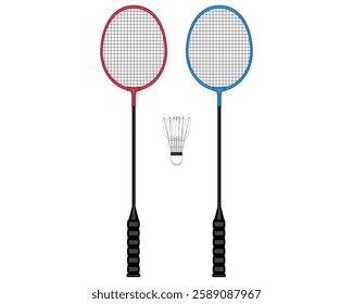 vector design of two badminton rackets in red and blue and there is also a badminton ball in the middle of the two rackets