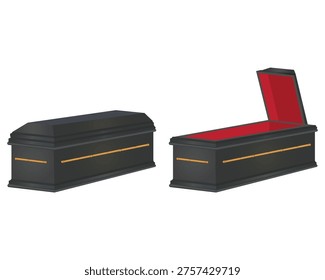 vector design of two black coffins with gold handles on the sides and a coffin on the right side in an open position showing its red interior
