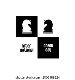 vector design of two black and white horse icons on a flat chessboard and writing international chess day, 20 july celebration