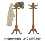 vector design of two clothes hangers made of brown wood where on the left side there are clothes or jackets and also hats hanging while the left side looks empty