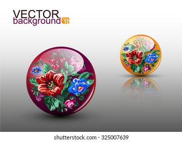  Vector design. Two colorful glassy spheres with flowers in ukrainian ethnic motif. Eps 10.