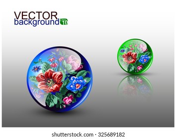  Vector design. Two colorful glassy spheres with flowers in ukrainian ethnic motif. Eps 10.
