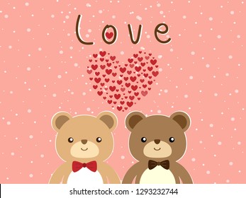 Vector design two cute brown bear doll fall in love and happy moment with smile face on pastel pink background decorated with red heart and white snow dot look so sweet for Valentine wallpaper.
