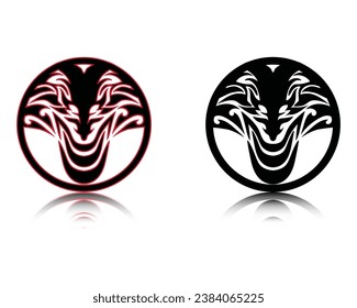 vector design of two engraved symbols or tattoos in the shape of a round or circle in the shape of a snake or dragon's head, one black and red and the other plain black