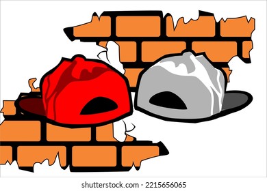 vector design of two gray and red hats on a cracked wall latar