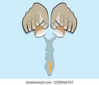 vector design of two hands with fingers holding two egg shells that have been split into two and the white and yolk liquid falling in the middle