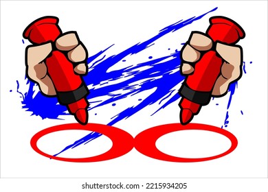vector design of two hands holding a marker and scratching a red circle pattern