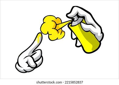 vector design of two hands wearing white gloves and seen one hand spraying the other with yellow spray paint