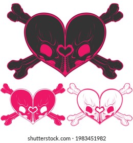 Vector design of two heart shaped skull, valentines day decoration