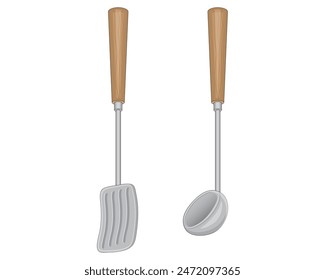 vector design of two kitchen utensil objects consisting of a frying spoon and a soup spoon made of iron with a brown wooden handle